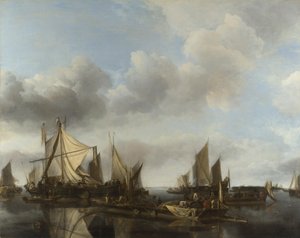 大きなフェリーと多数の船がある川の情景 作： Jan van de Cappelle